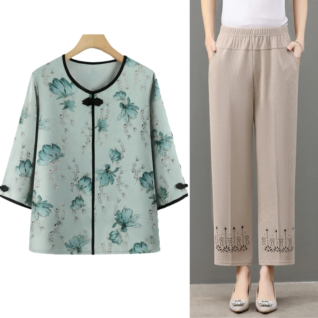 夏款小衫新中式妈妈装宽松显瘦减龄夏季夏装国风中袖中老年女上衣
