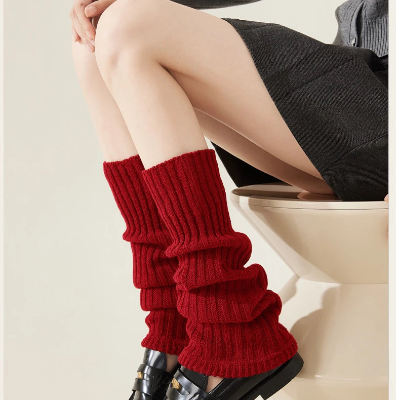 中国红喜庆新年堆堆袜套纯色无缝无拼接日系粗线腿套100%羊毛