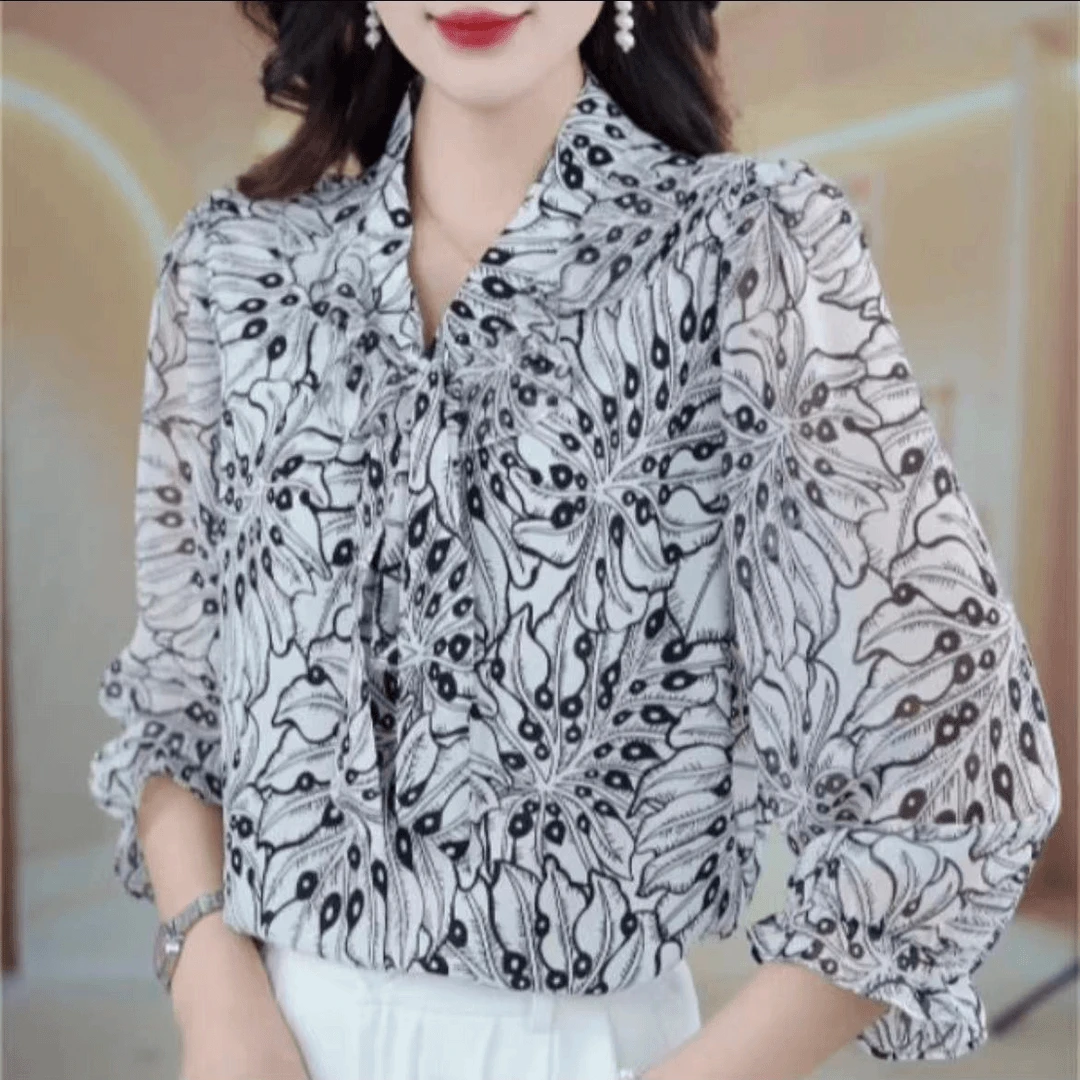 （运费补贴）经典飘带V领2024新款衬衫小衫雅致七分袖上衣碎花气