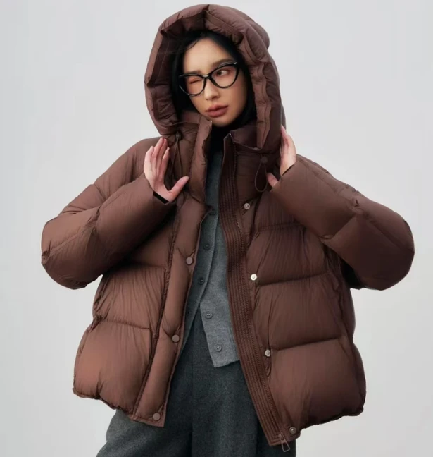 蚕物2024新款90鹅绒保暖连帽羽绒服气质加厚保暖外套H226金金