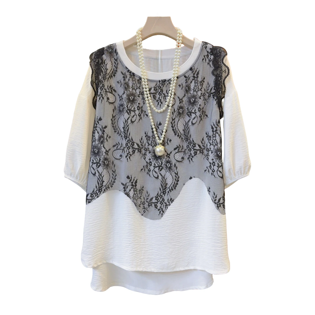 洋气欧韩新款假两件拼接纱网T恤衣长76左右时尚百搭宽松洋气上衣