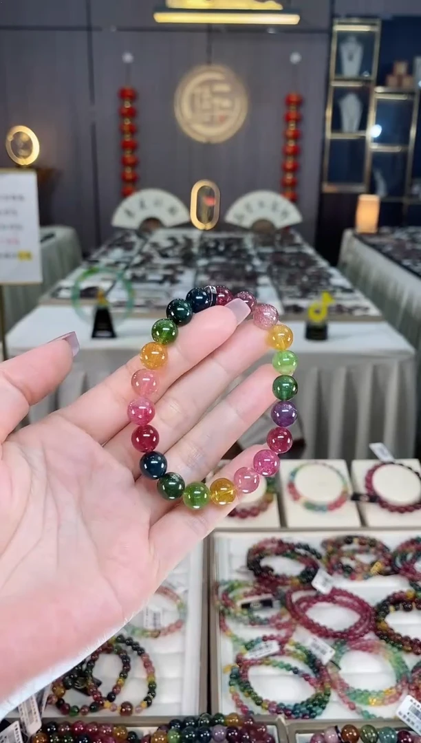 未镶嵌冰透体老矿碧玺色标彩虹单圈手串9mm+碧玺hon多样性发一条