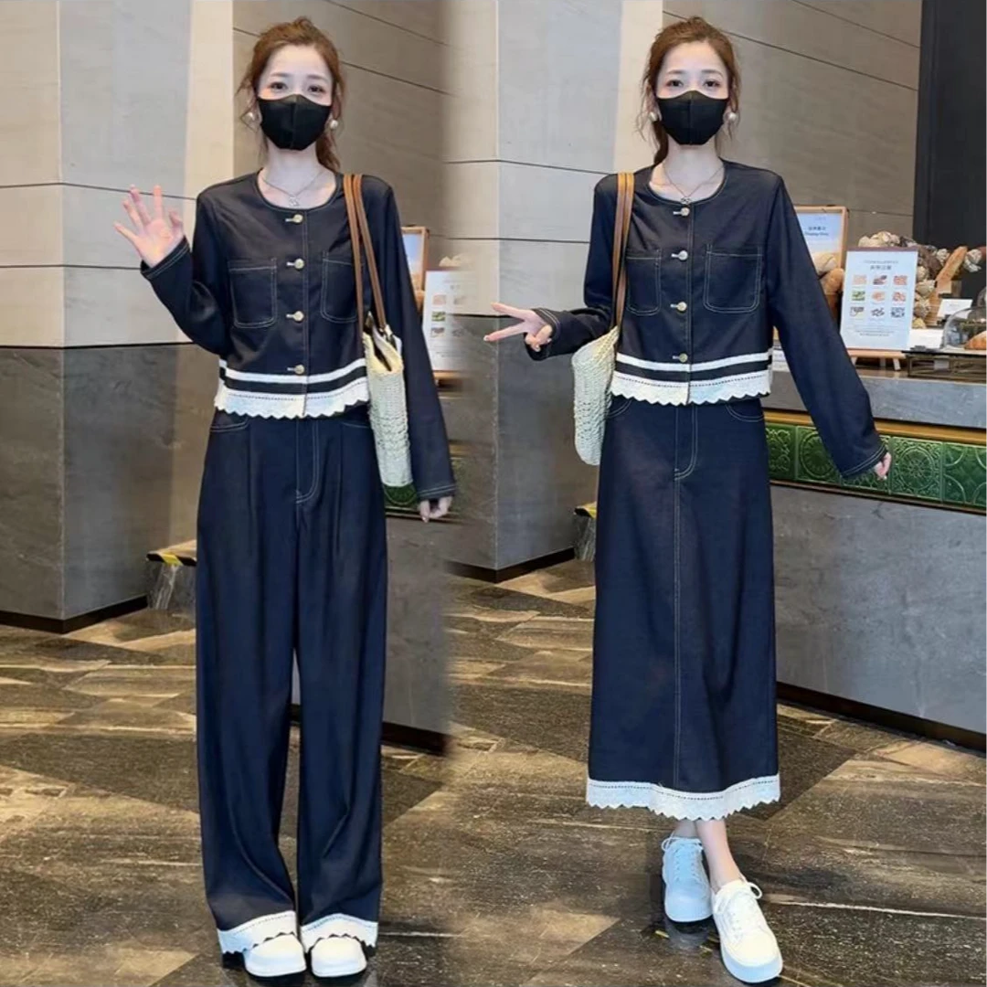 【现货】2025长袖新款小个子蕾丝拼接时尚洋气爆款网红两件套装上衣