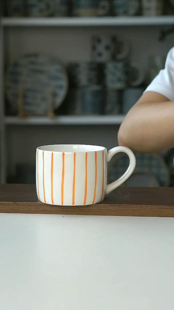 微瑕出法手绘橘色条纹咖啡杯300ml@4-2@