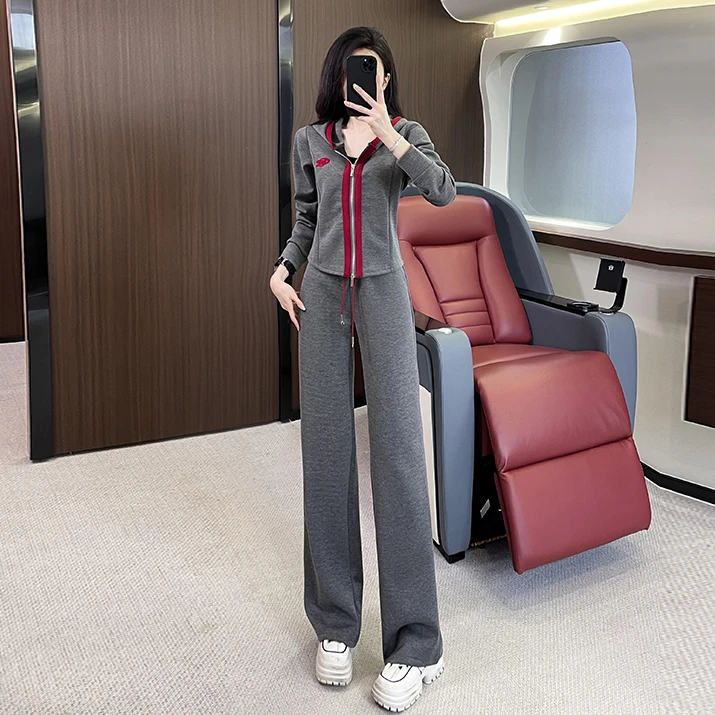 灰色休闲运动套装女春季连帽拉链高级感炸街卫衣阔腿裤宽松两件套
