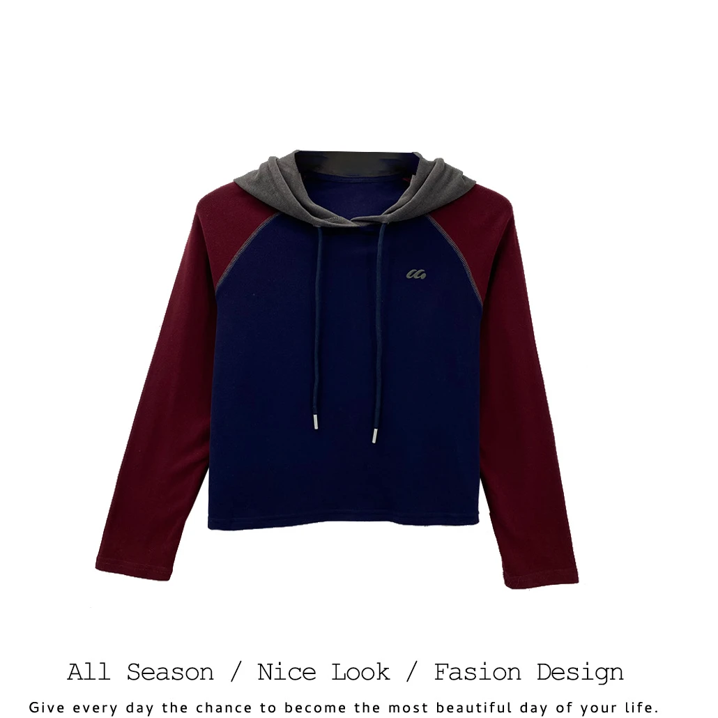 978  时尚藏青色半开领连帽拼接撞色百搭长袖      款号#003