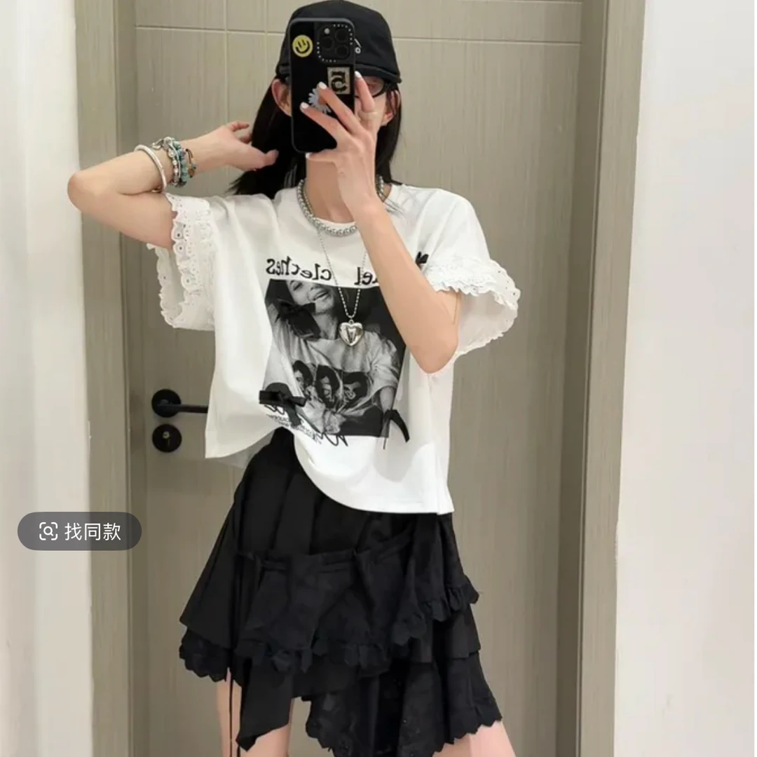 QL-478夏季新款女韩版美女图案袖口花边立体蝴蝶结T恤