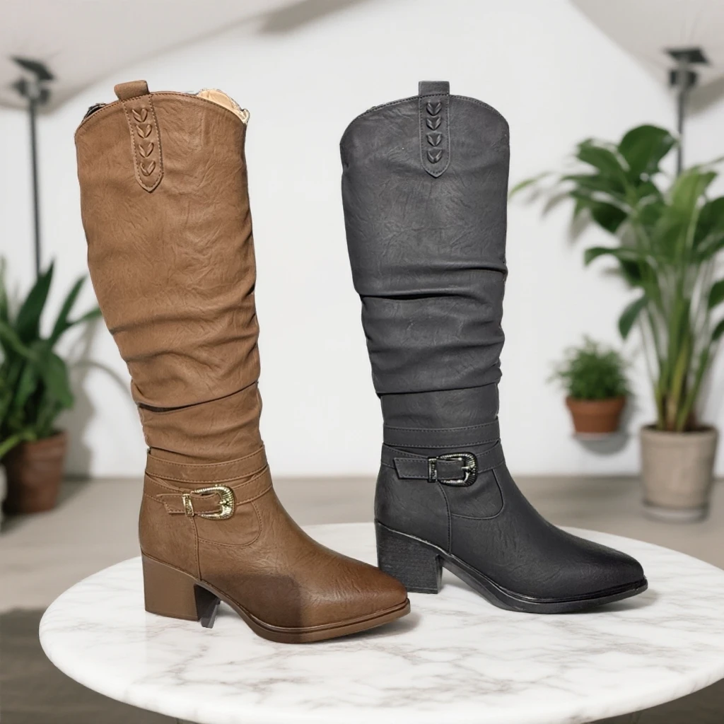 冬尖圆头高跟褶皱高筒骑士靴女时尚百搭堆堆靴长筒时装靴侧拉链