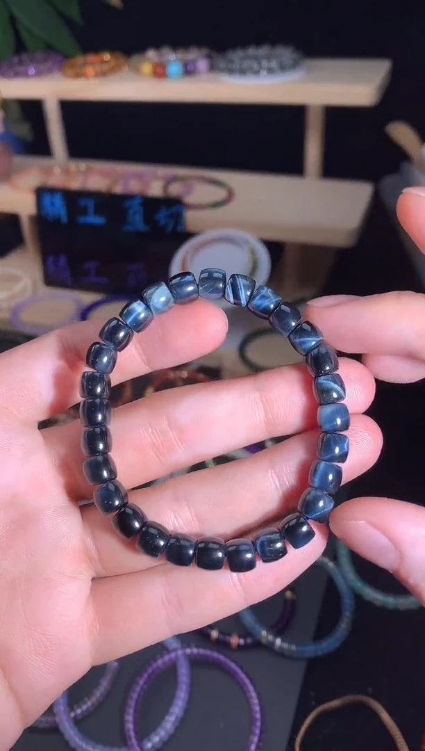 石英质玉手串未镶嵌蓝虎眼直切手串7.5mm