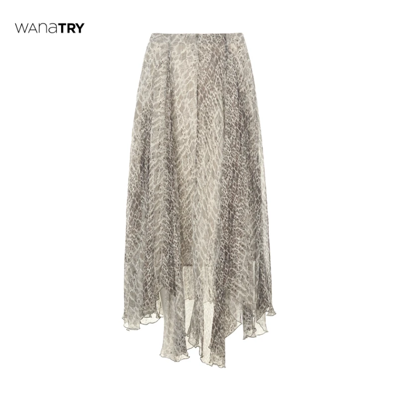 【自播专享】wana try 灰绿色薄纱不对称飘逸印花半身裙（高品质）