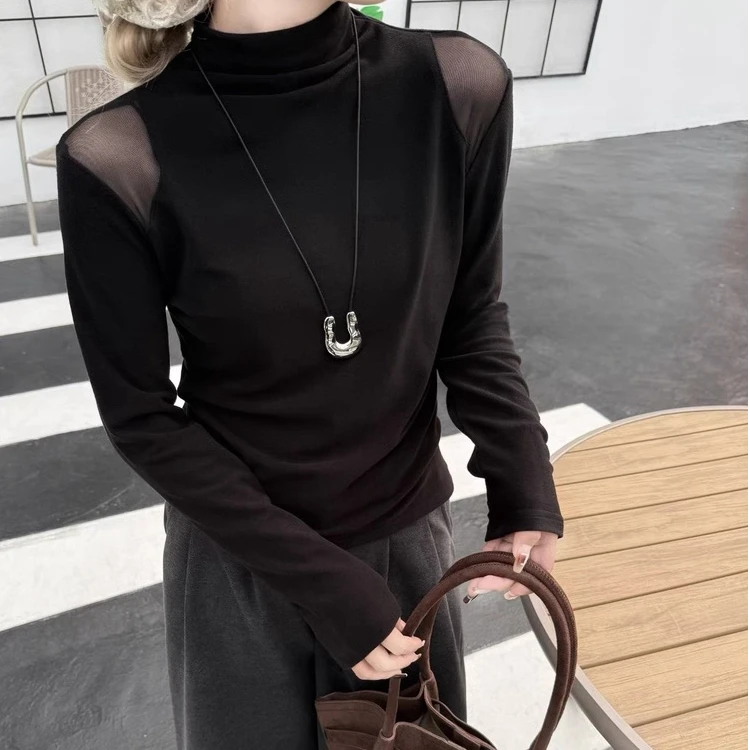 5322#秋冬设计感双面德绒设计感网纱露肩打底