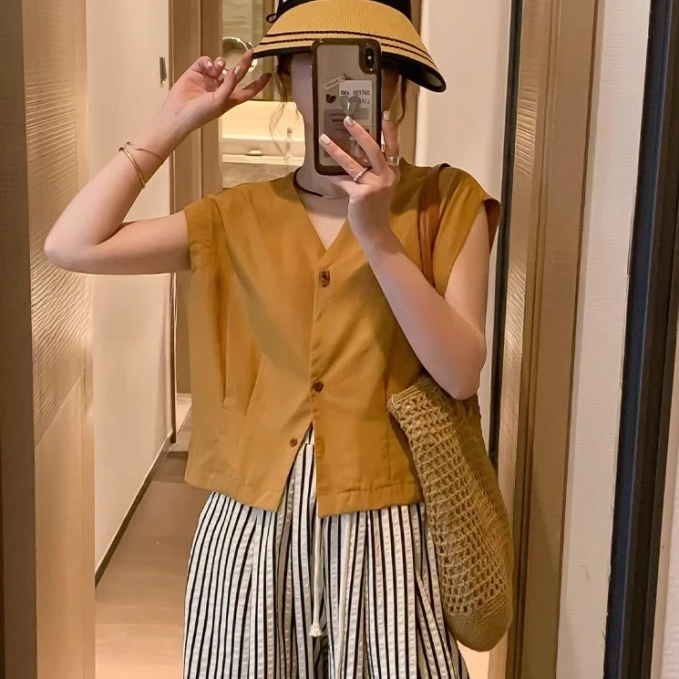 黄色无袖V领衬衫女夏季新款韩系时尚休闲百搭上衣女士1413