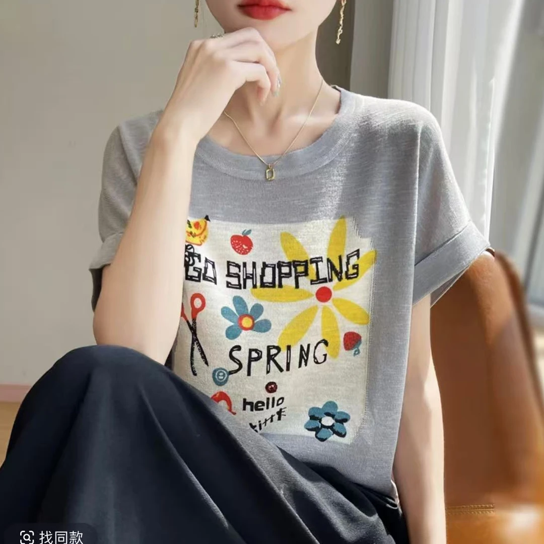 夏季新款竹节麻圆领短袖水果太阳花印花薄款百搭上衣