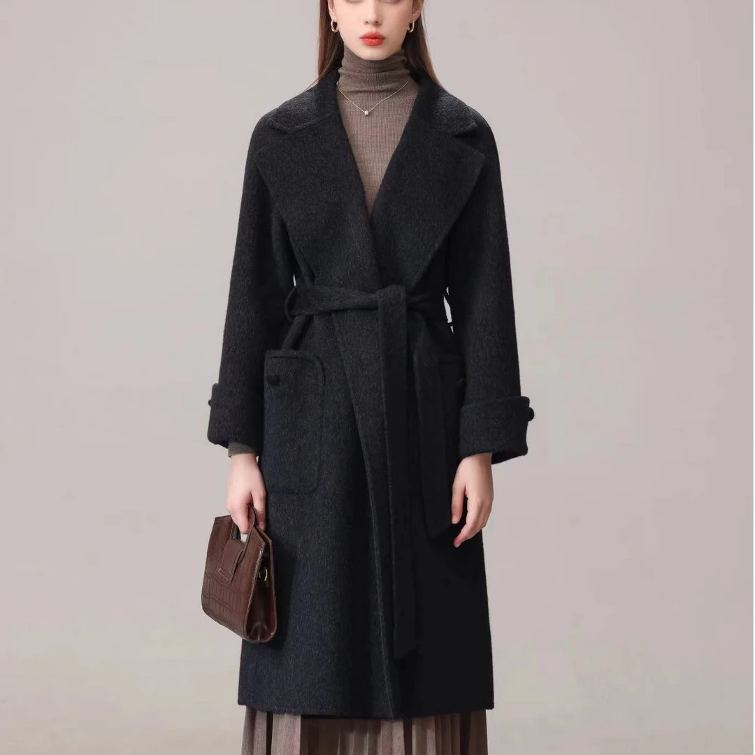 翻领毛呢外套含羊绒黑色短呢大衣设计师外套中长款