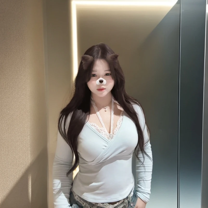 【奶蓝芙芙】性感交叉假两件磨毛长袖蕾丝t恤秋冬内搭上衣可拆挂脖