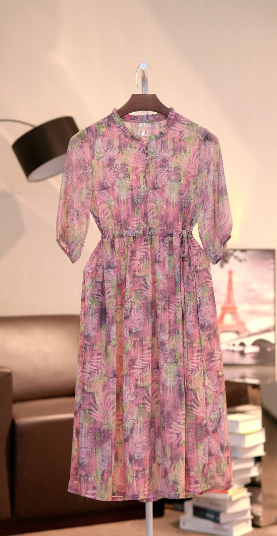 复古宽松显瘦中国风印花连衣裙中长款时尚气质女士-柔粉蔓叶