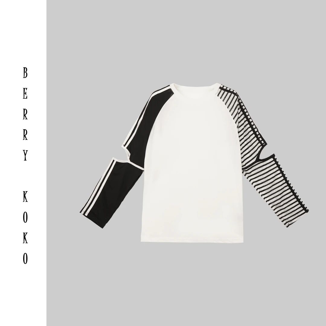 夏款重工洗水棉压条工艺慵懒松弛感插肩撞色袖子防晒条纹T T2332