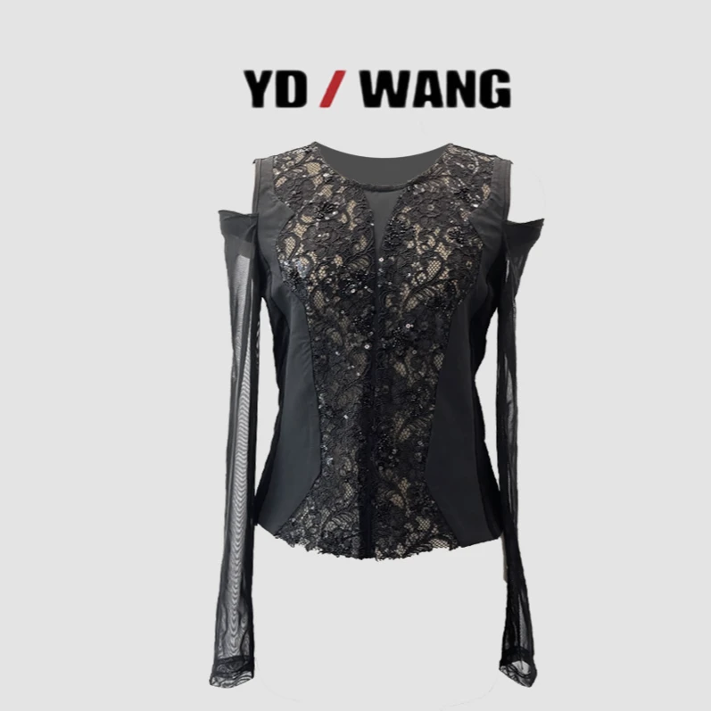 【YD精选】蕾丝网纱拼接露肩上衣   设计款时尚休闲小众气质女人味