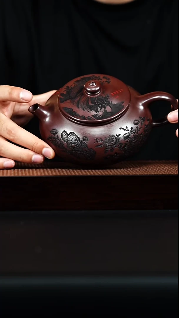 茶杯紫砂宜兴紫砂 山水花鸟寒江 石红