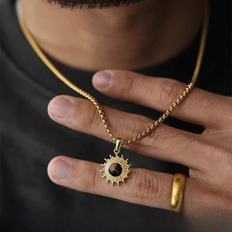 BTSP 金色太阳花猫眼石吊坠毛衣链男款高级原创潮流项链