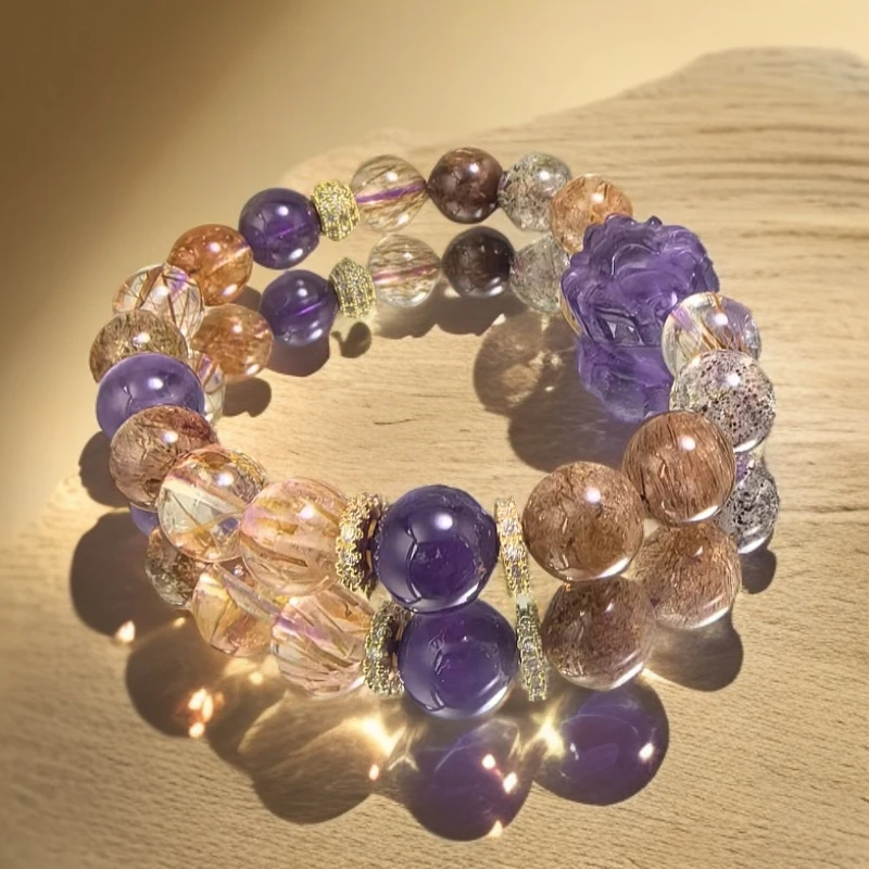 玉彩堂【七斗星】黑加仑超七水晶手串9mm-10mm