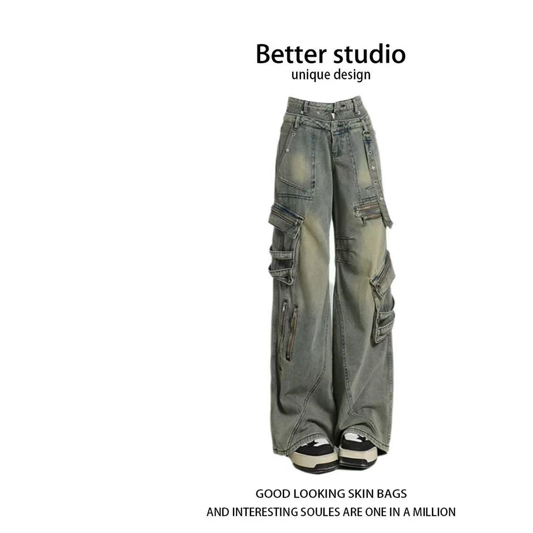 美式设计感牛仔裤女秋冬新款重工装辣妹街头阔腿裤宽松拖地裤长裤
