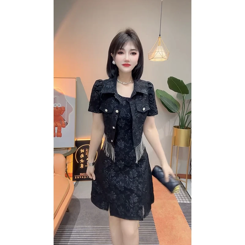LMMG2025春夏新款时尚显瘦气质网红高档女短袖外套吊带裙两件套