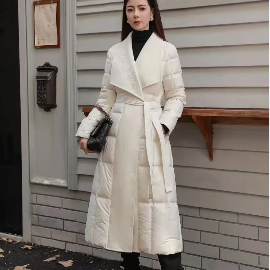 羊毛呢拼接收腰女长款过膝羽绒服2024冬季新款高级羽绒服外套