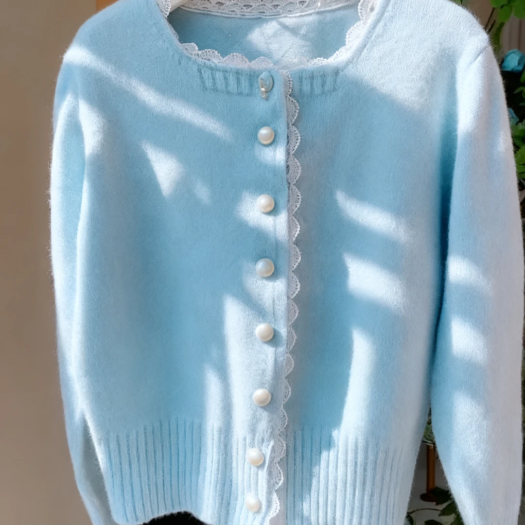 2025春季新款洋气开衫外套上衣韩版甜美软糯蕾丝花边针织衫