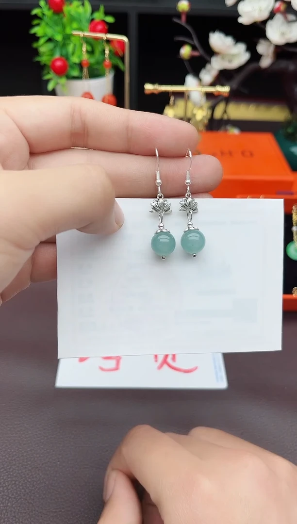 石英质玉（天山翠）银S925镶嵌耳饰237000