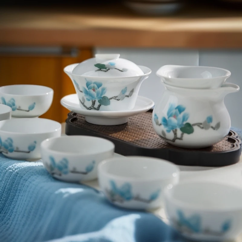 醴陵手绘陶瓷茶具套装玉兰花家用中式釉下彩手绘功夫茶具礼品瓷