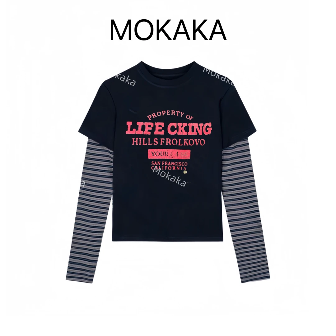 【英文条纹】秋冬新款美式高街字母植绒复古条纹假两件长袖T恤女