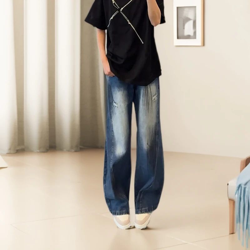 美式破洞牛仔裤男复古夏季薄款弹力男款浅色抽绳宽松轻奢痞帅男装