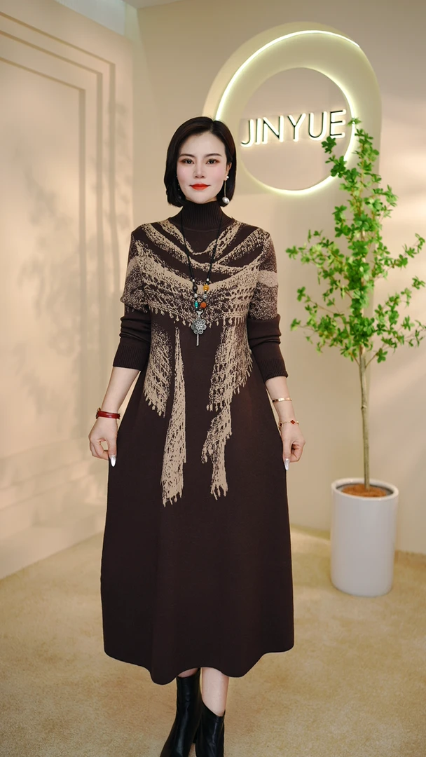 【云绣阁】5617新款圆领时尚百搭修身保暖加厚针织女装连衣裙