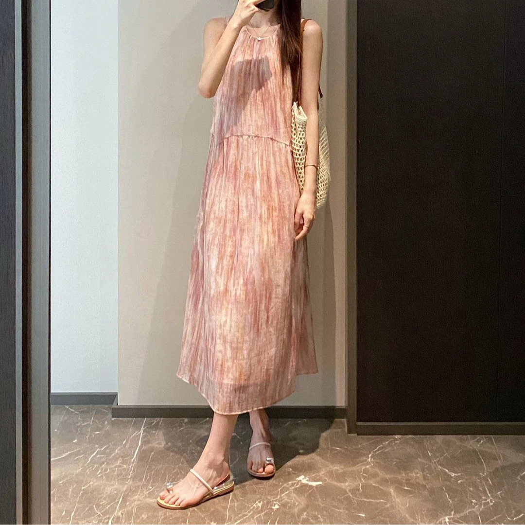 宝丫轻奢  女式法式浪漫扎染压褶无袖背心连衣裙K2992