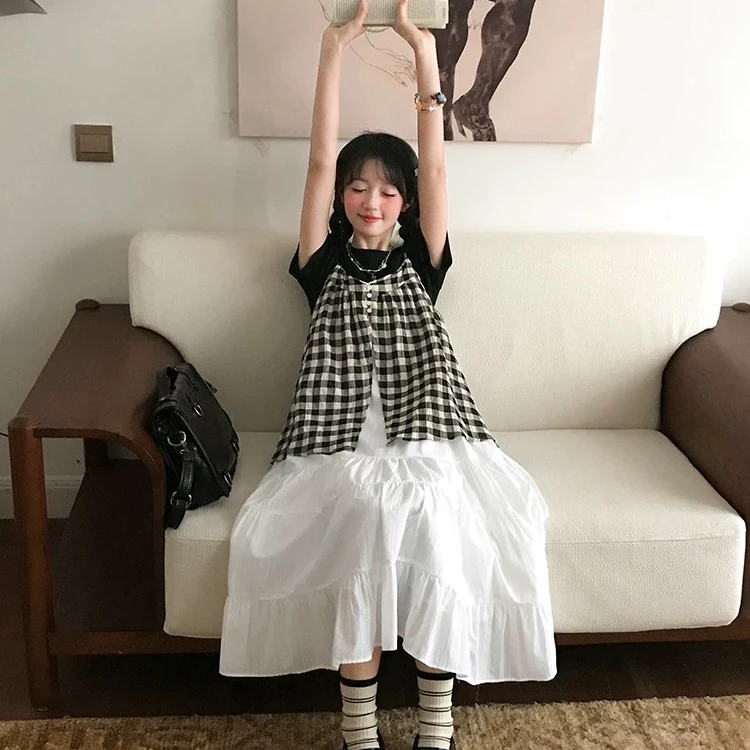 【胖熙莱】黑白绮梦吊带裙拼接格子大码连衣裙套装88090