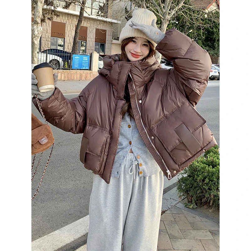 美拉德加厚短款连帽潮流棉服女2024冬季宽松设计感小个子保暖外套