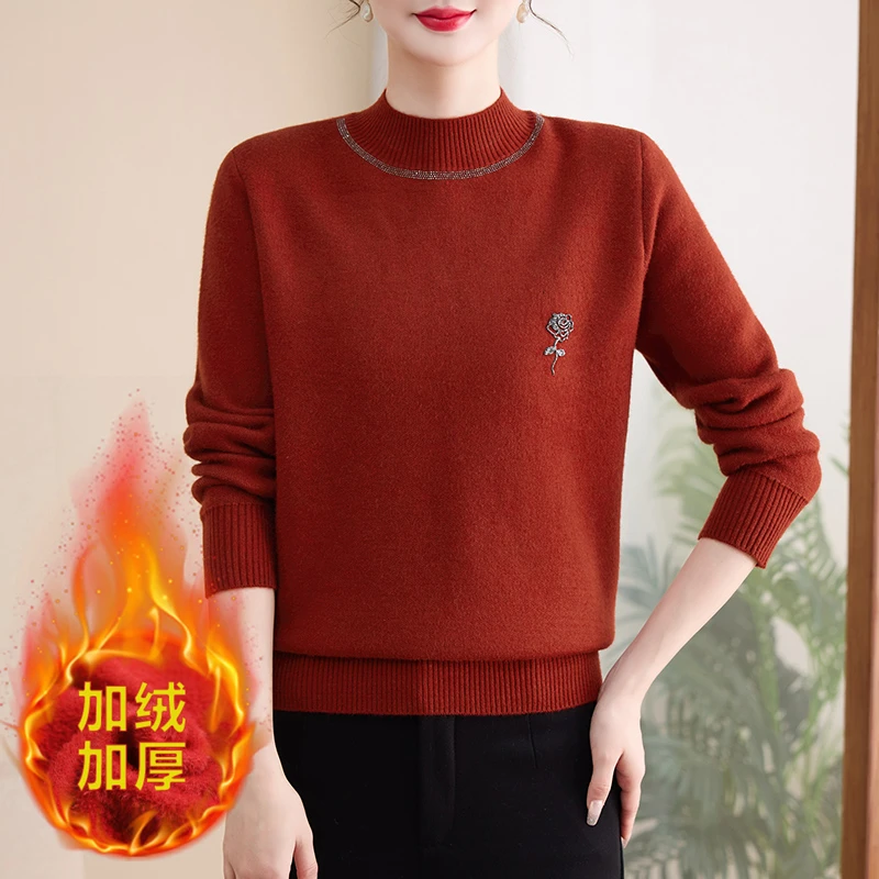 时尚妈妈冬装一体绒上衣中老年女装40岁50针织加绒加厚保暖打底衫