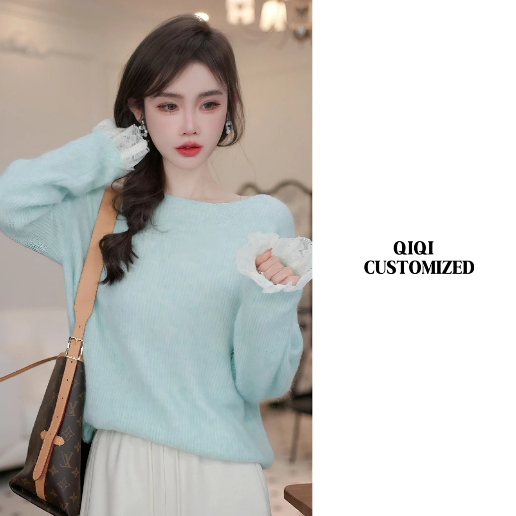 【戚戚高级定制】气质减龄韩版一字肩蕾丝拼接袖口毛衣#0939
