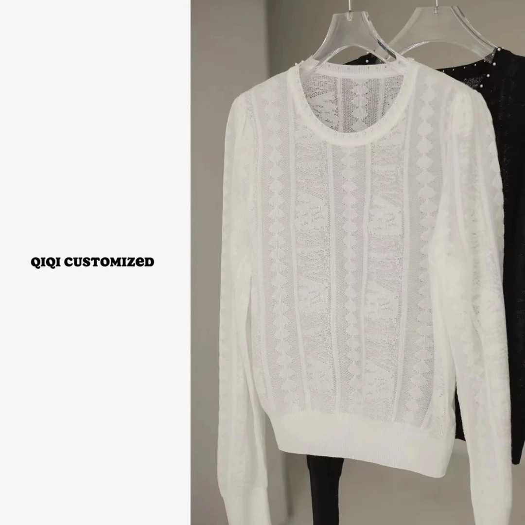 【戚戚定制】南洋千金-早春气质女百搭圆领钉珠泡泡袖小衫#24053