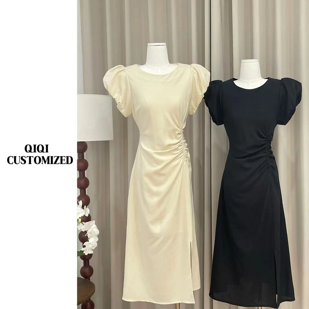 【戚戚高级定制】夏季女气质高级感飞袖侧褶皱设计显瘦连衣裙#2693