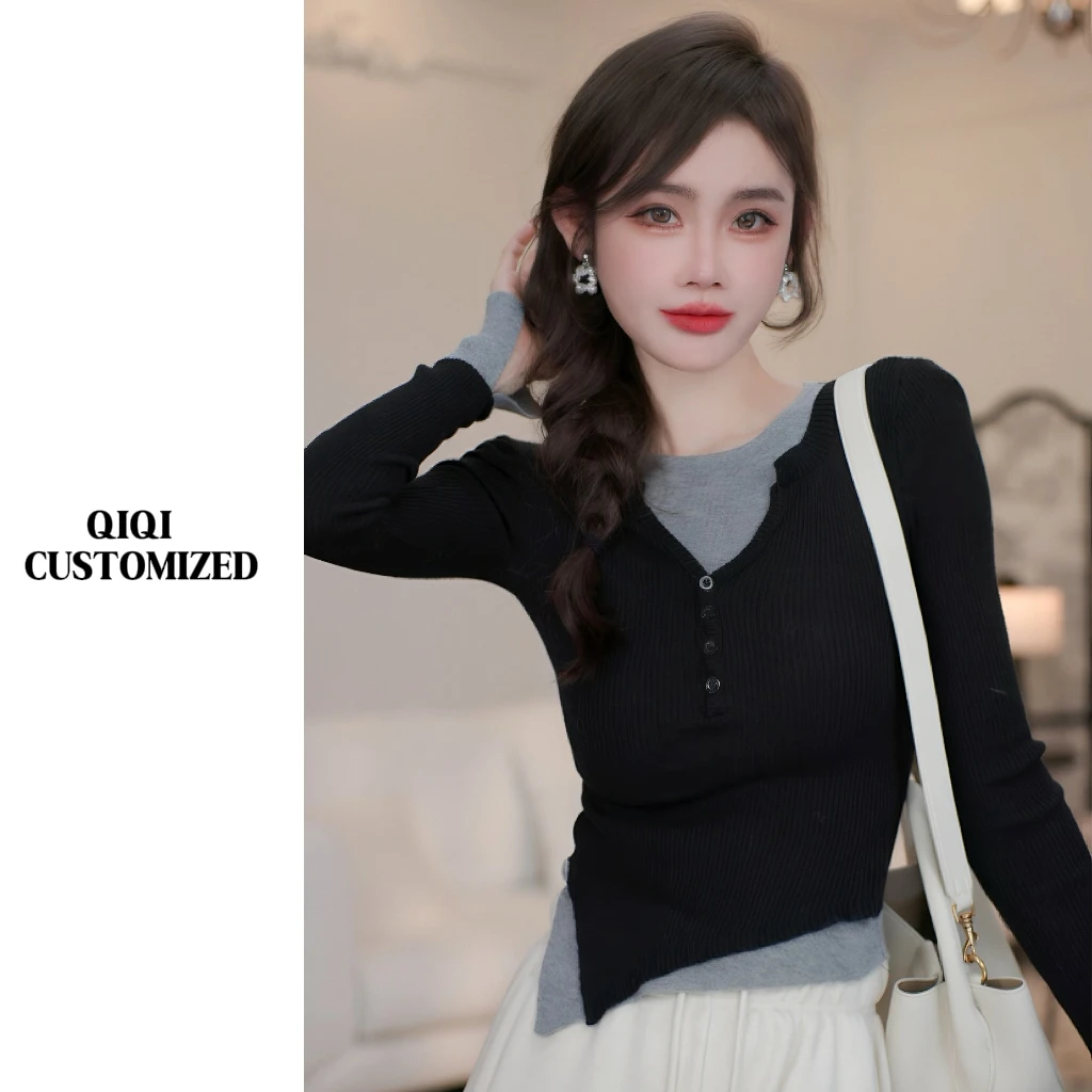 【戚戚高级定制】气质假两件不规则显瘦撞色设计感针织毛衣#68350