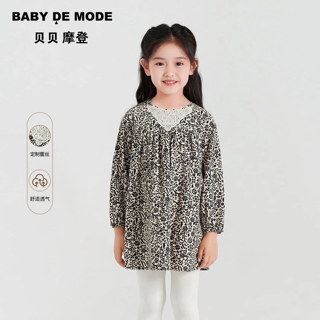 贝贝摩登童装2023春新品女童田园风印花灯芯绒长袖连衣裙Y23FA02