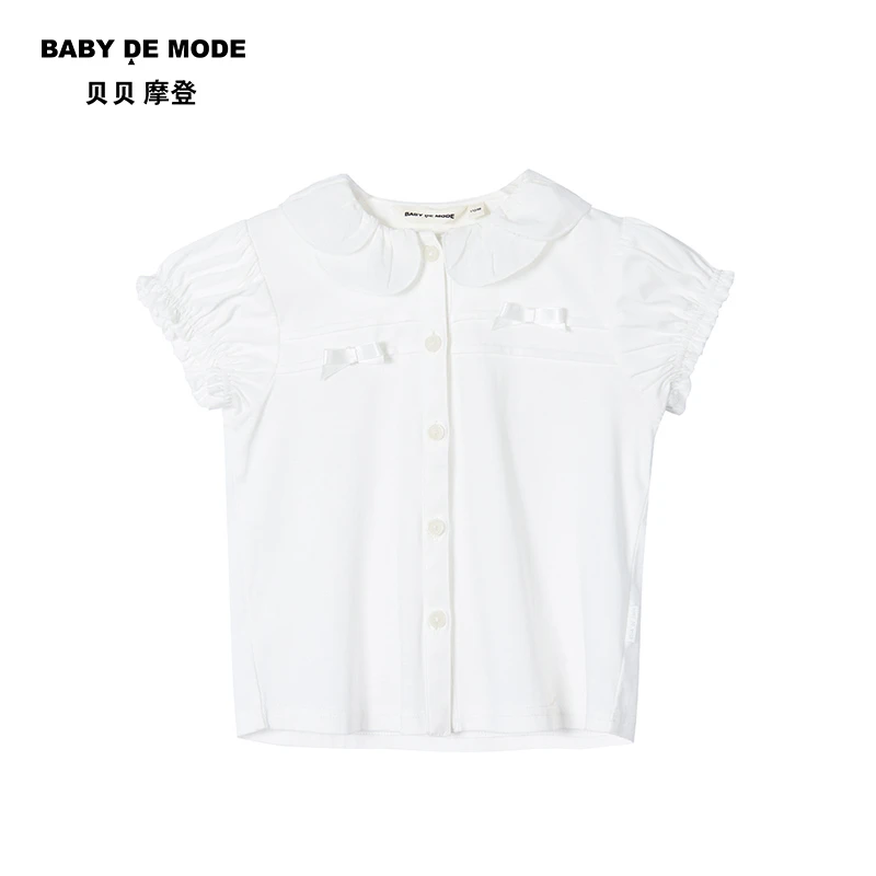 贝贝摩登夏季女童短袖针织衫泡泡袖花瓣翻领蝴蝶结白衬衫W25UL06