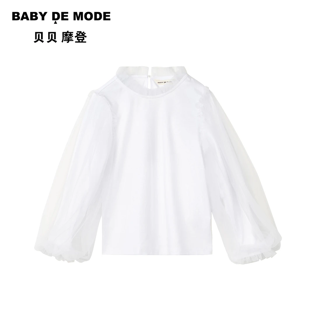 贝贝摩登童装秋季新品女童纯色拼接网纱泡泡袖长袖X10FB06