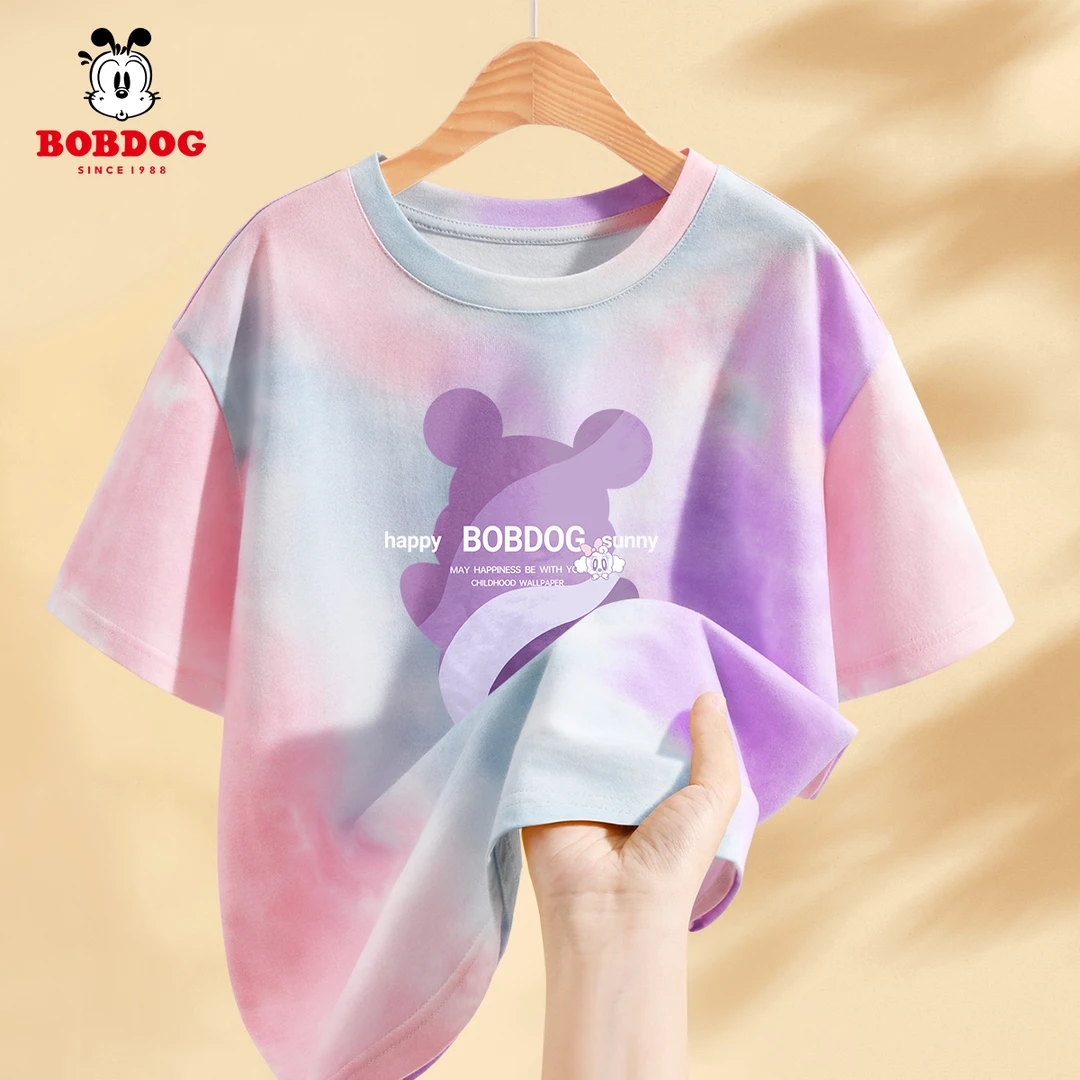 巴布豆卡乐儿童短袖t恤女童2025新款大夏季扎染半袖纯棉夏装上衣