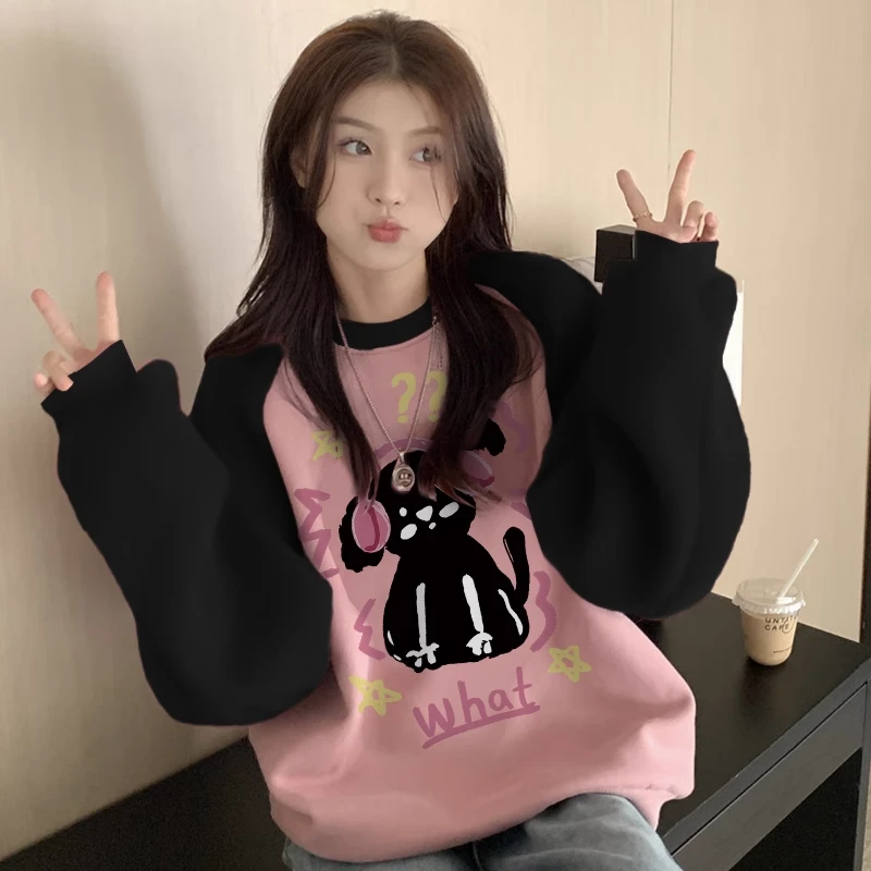 女大童假两件插肩袖卫衣春秋冬2025新款加绒初中生圆领上衣宽松版