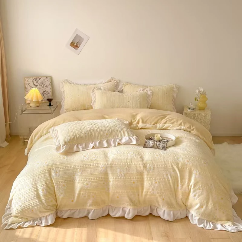 好物冬季花边款雕花保暖牛奶绒四件套韩版雕花绒四件套床上