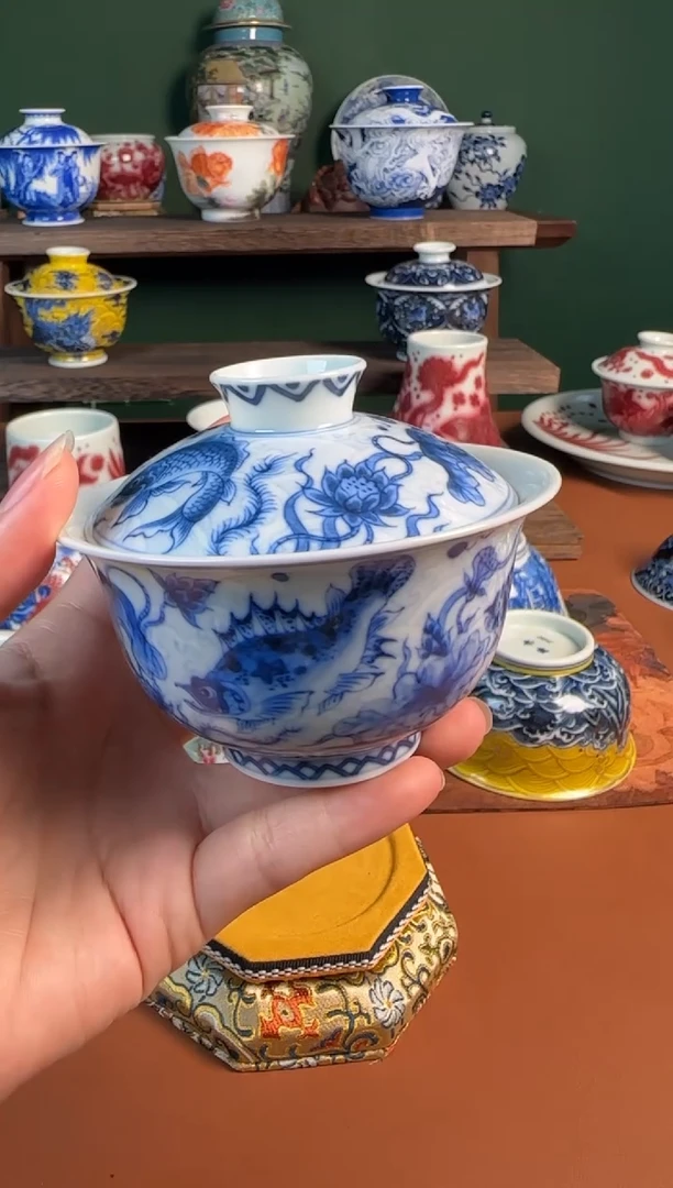 【闪购商品】杯望月怀古 内膜印淡海水鱼藻盖碗
