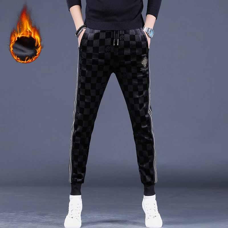 加绒加厚保暖男裤高端金丝绒男士休闲裤男款修身束脚卫裤冬季长裤